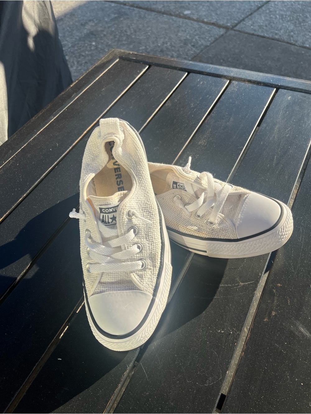 Converse White Low Top Canvas Sneakers with Black Stripe. Shoreline slip on